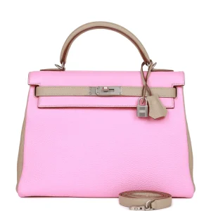 Hermès Kelly Retourne 32 HSS Bubblegum and Gris Tourterelle Clemence Brushed Palladium Hardware