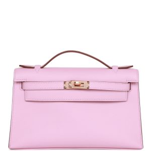 Hermès Kelly Pochette Mauve Sylvestre Swift Rose Gold Hardware