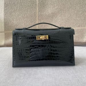 Hermès Kelly Pochette Black 89 Porosus Crocodile Shiny B