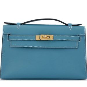 Hermès Kelly Pochette Blue Jean  75 Swift B