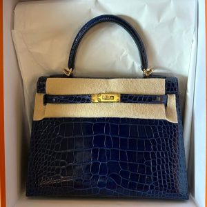Hermès Kelly  25 Blue Saphir T7 Alligator Shiny B