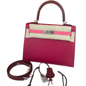 Hermès Kelly Sellier & Tricolor 25 Rose Azalee 8W, Rouge H 55, Rouge Ruby B5 Epsom 2023 B