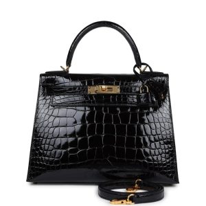 Hermès Kelly Sellier 28 Black 89 Alligator Shiny 1992 V