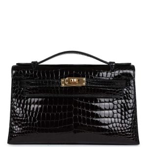 Hermès Kelly Pochette & Sellier Black 89 Porosus Crocodile Shiny 2006 J