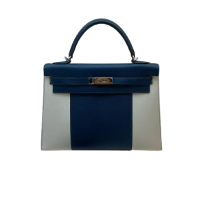 Hermès Kelly Bicolor & Sellier & Flag 32 Blue Thalassa  7A, White 01 Epsom 2013 Q
