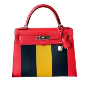 Hermès Kelly Lettre & Sellier & Tricolor 28 Blue Obscurs K7, Capucine 9T, Jaune Ambre 9D Epsom, Chevre Coromandel, Sombrero N/A N/A